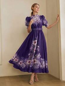 Anewsta Spring Summer Dark Purple Premium Floral Print Short Sleeve Waist-Cinching Tie-Up Long Dress For Women Wedding Party Date Romantic Casual - Bold Plum - View 5