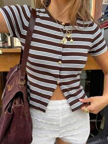 Serisse Women's Casual Striped Front Button Short Sleeve Knit Top, Summer - Brown - View 9