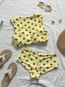 Bonvoyette 心形領波點印花柔軟面料扭轉式胸杯可愛比基尼泳衣 - 彩色 - 查看 4