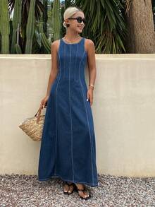 Livesso Đầm denim nữ màu xanh nhạt cổ điển, phối eo, phong cách tối giản, thanh lịch, thích hợp cho kỳ nghỉ, đi biển hoặc đi làm, dáng suông, mùa xuân và hè. - Rửa tối - Xem 2