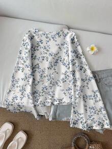 SHEIN LUNE Women's Casual Printed Drawstring Flare Sleeve Top, Suitable For Autumn/Winter - Multicolor - View 2
