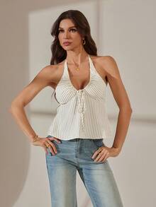 SHEIN Tall Áo hai dây cổ yếm buộc dây phía trước gợi cảm dành cho nữ đi nghỉ mát; Áo croptop cổ yếm buộc dây phía trước màu trơn mùa hè dành cho nữ; Áo hai dây cổ yếm cài cúc đơn kiểu Y2K dành cho nữ mùa hè; Áo tank top cổ yếm buộc dây phía sau kẻ sọc dành cho nữ; Áo thun in hình dành cho nữ. - Màu be - Xem 5