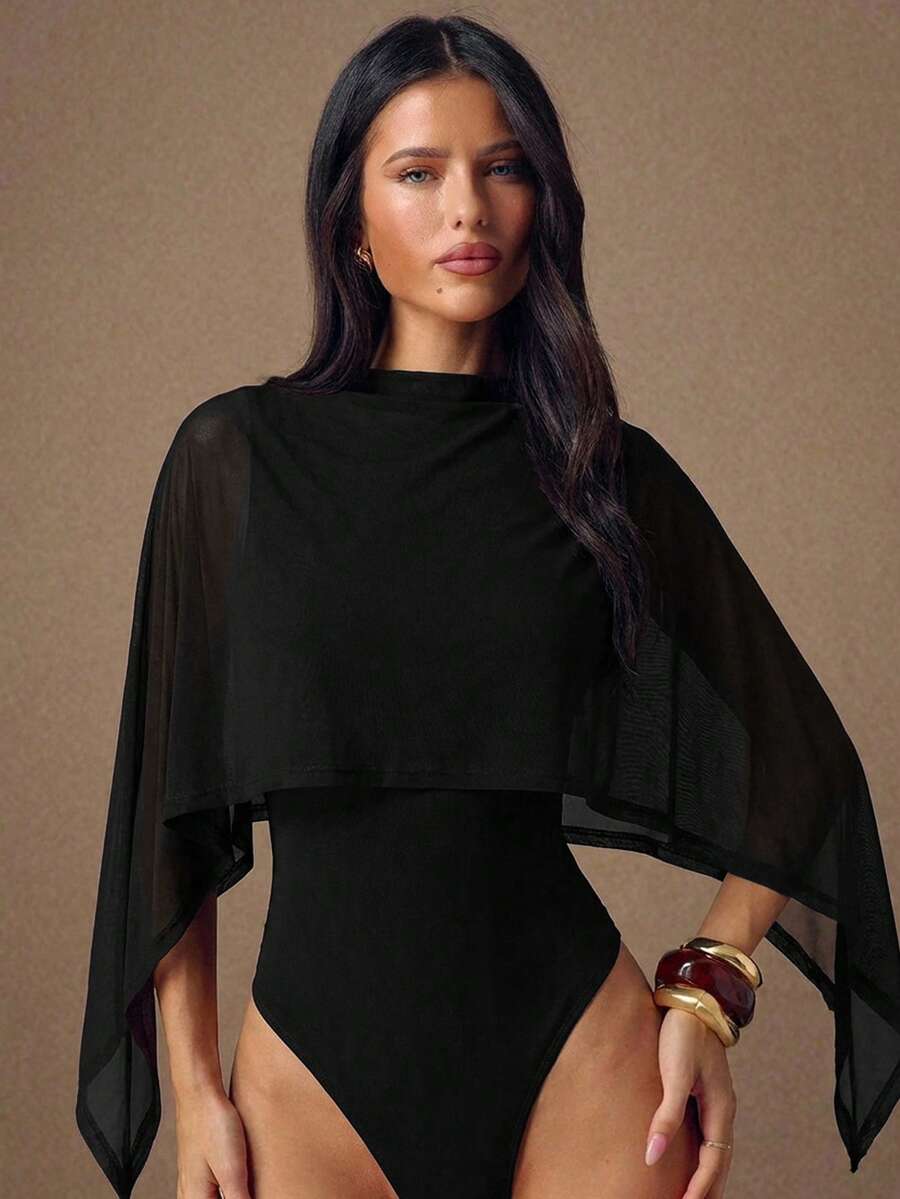 SHEIN BAE Women's Oblique Shoulder Ruffled Layered Chiffon Blouse, Elegant Blouse, Minimalist Fashion Blouse - Black - View 1