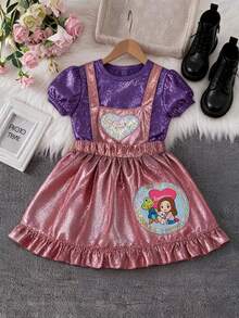 Vestido de princesa Lara para niña, disfraz de satén brillante con mangas abullonadas y top estampado de corazones para fiesta de cumpleaños. - Rosa - Ver 4