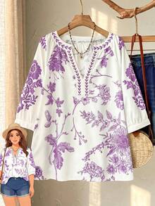 Rusticease Lässige Sommerbluse für Damen in großen Größen mit lila Blumenmuster und kurzen Ärmeln im Landhausstil. Ideal für Urlaub, Freizeit und Freizeit. Auch als Tunika oder Oberteil mit Blumenmuster erhältlich. - Violett - Übersicht 5