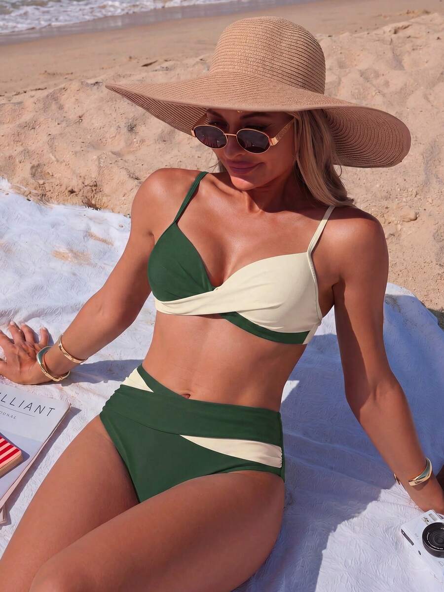 SHEIN Swim 性感女士撞色扭结前襟吊带比基尼套装高腰泳衣面料女士两件套泳装度假比基尼套装 - 彩色 - 查看 1