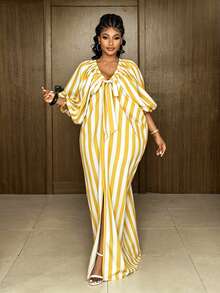 Maweii Plus Size V-Neck Puff Sleeve Bow Striped Vacation Dress Fall - Multicolor - View 2