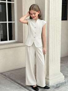 SHEIN Tween Girl Commuter Casual Elegant Solid Apricot Short Sleeve Blazer And Wide Leg Pants 2 Pieces Suit, Commuting Outfit, Crew Neck Top & Straight Leg Pants Set Linen Suit Pants And Shirt Set Tween Wide Leg Pants And Top For Tween Girl Pant Suit, Tween Girl - Apricot - View 1