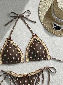 Swim Mod Polka Dot Print Spaghetti Strap Halter Bikini Top With Tie Side Bottoms And Mini Skirt 3-Piece Swimwear Set - Multicolor - View 3