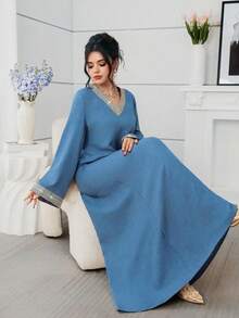Al Najma Vestido elegante de manga larga, cuello en V, suelto y de unicolor con decoración de cinta para uso diario - Azul - Ver 6