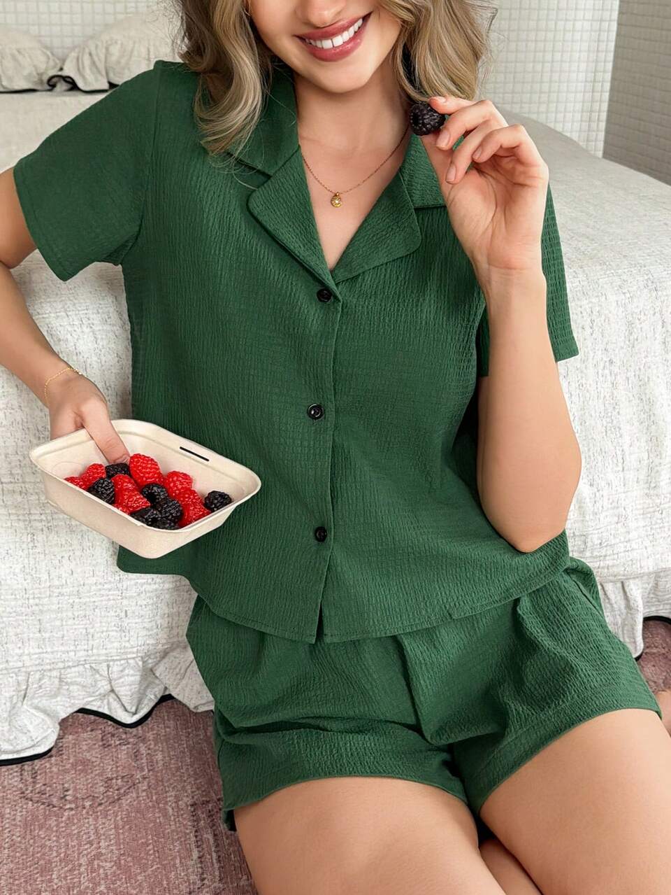 Women's Simple Solid Color Textured Front Button Short Sleeve Shirt And Shorts Pajama Set, Summer