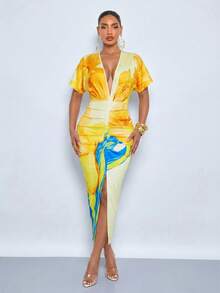 SOLERSUN Fashionable And Elegant Deep V-Neck Slim-Fit Pleated Slit Lily Floral Maxi Dress For Vacation - Yellow - View 5