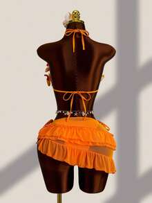 Zestiva Women's Tropical Mesh Ruffled Mini Skirt Bikini Swimwear Set, Suitable For Beach Tropical Vacation, Holiday In Spring And Summer Orange - Multicolor - View 8