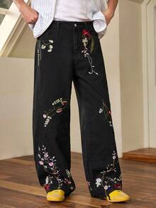 Whitmere 1pc American Street Fashion Patchwork Embroidered Loose Wide-Leg Jeans, Comfortable High Street Versatile Casual Denim Pants For Men (Belt And Accessories Not Included) - Black - View 4