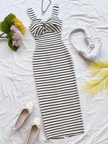 SHEIN PETITE CURVE 大码女士休闲条纹中长连衣裙，夏季套装，女士无袖条纹中长连衣裙，条纹连衣裙，夏季连衣裙，前扭结 - 黑與白 - 查看 5