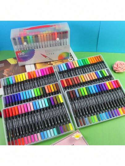 12/24/36/48/60/72/100/120 Dual-Tip Watercolor Pens With Soft Brush Tips, Washable, 8 Set Options, Multi-Color, Art Drawing Pens, Gift For Festival Back To School,Room Decor , Ramadan Decor, Home Decor, Bathroom Decor