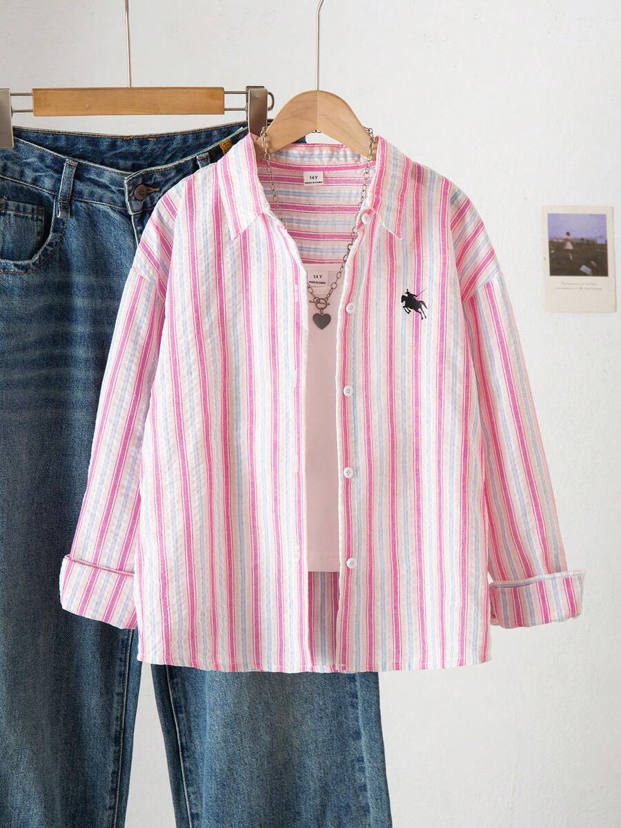 SHEIN 青少年女孩(13-19岁)休闲简约米白细条纹长袖纽扣衬衫,春秋季轻薄透气面料,饰有Polo刺绣,适合日常上学和休闲外出穿着。 - 彩色 - 查看 1