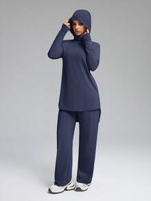 Innovista Damen Einfarbiger minimalistischer täglicher Langarm-Top und Hose Sportanzug - Blau - Übersicht 11