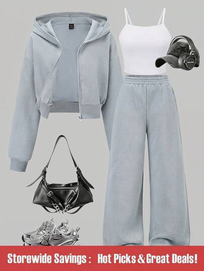 SHEIN Bộ 3 áo hai dây tối giản thường ngày cho nữ, áo hoodie khóa kéo ngắn và quần ống rộng, thích hợp mặc hàng ngày cho nữ Bộ trang phục thường ngày cho nữ Bộ trang phục đơn sắc cho nữ Bộ trang phục thường ngày màu xám cho nữ Bộ trang phục áo hoodie ngắn và quần nỉ cho nữ Bộ đồ mặc nhà thường ngày màu xám Bộ hai mảnh
