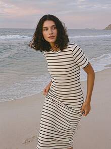 Dazy-Less Robe de t-shirt à imprimé rayé, style robe d'été Old Money, décontracté chic pour femmes - Noir et Blanc - Voir 10
