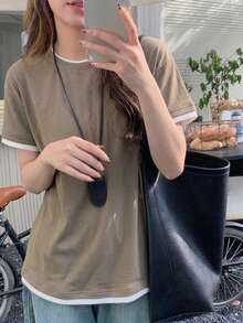 DAZY 女款對比色休閒寬鬆長袖T恤，白色，適合日常、秋季、校園穿著 - 卡其色 - 查看 6