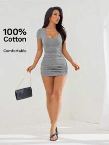 SHEIN PETITE Summer Dress Solid Ruched Bodycon Dress,Dresses For Women Summer ,Petite Women - Grey - View 3