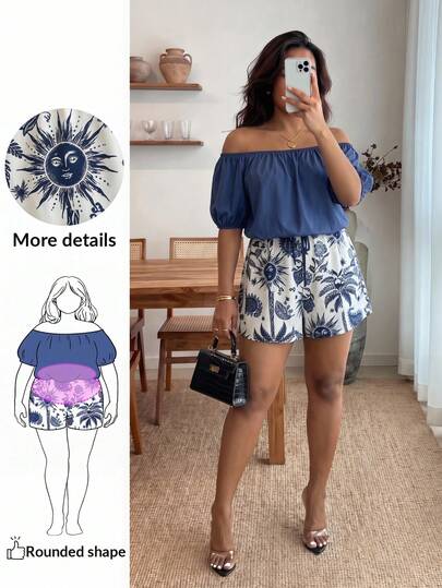 Enliva Bộ jumpsuit họa tiết hoa nhí xanh trắng cỡ lớn dành cho nữ, jumpsuit trễ vai tay ngắn thắt eo, jumpsuit đi nghỉ mát thoải mái, trang phục mùa xuân/hè, đồ đi biển, jumpsuit họa tiết hoa nhí nhiệt đới xanh trắng, jumpsuit trễ vai, váy trễ vai, váy nữ, jumpsuit cỡ lớn dành cho nữ, váy hè trễ vai
