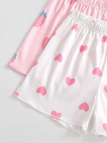 SHEIN 4 Peças Conjunto de Pijama Curto de Malha com Estampa de Morango e Coração para Meninas - Multicolorido - Visão 6