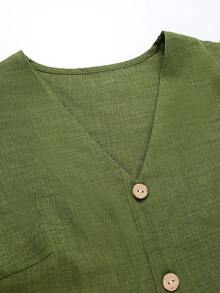 SHEIN Holidaya 女士新品：优雅性感，适合办公室、度假、海滩、通勤、浪漫约会、派对、生日派对、音乐会、情人节和嘉年华等场合。女士夏季新款V领荷叶边下摆宽松A字绿色竹麻短裙，绿色连衣裙，V领连衣裙，荷叶边下摆，荷叶边袖连衣裙，吊带连衣裙，女士度假连衣裙，女士可爱连衣裙，女士夏季连衣裙 - 綠色 - 查看 7
