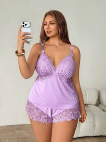 SHEIN Privé Plus Size Lace Patchwork Elastic Knit Sexy Backless Camisole & Shorts Pajama Set Purple Sleepwear Set For Women Sexy Elegant Lace Sleepwear Outfit Set For Women - Mauve Purple - View 4