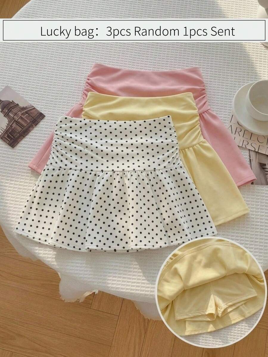 SHEIN Chân váy xếp ly chấm bi cạp cao, đa năng, thoải mái cho bé gái tuổi teen. - Đen và trắng - Xem 1