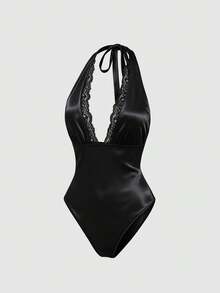 Sweetra Summer Stylish New Lace Patchwork Sweet Sexy Knitted Backless Slim Fit Black Bodysuit, Elegant For Commuting Night Out - Black - View 3