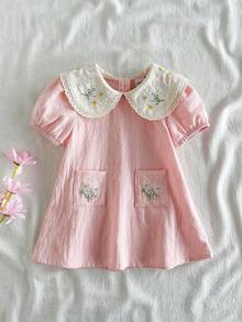 Vintaside Kids 新生女宝宝花卉刺绣连衣裙，乡村风格时尚优雅百搭可爱春夏柔软面料 - 粉色 - 查看 5