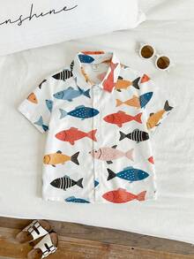 Young Boy Casual Minimalist Cartoon Pattern Collared Cardigan Shirt, Suitable For Summer - Multicolor - View 9