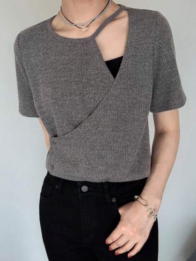 FRIFUL Women's Summer New Solid Color Hollow Out Asymmetric Collar Button-Up Slimming Casual Versatile T-Shirt