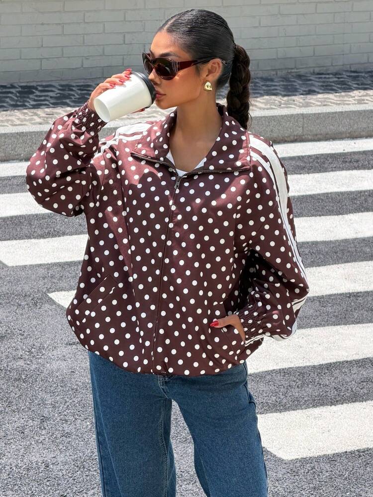 Muchica Jaket Kasual Serbaguna Wanita dengan Resleting dan Motif Polka Dot untuk Pemakaian Sehari-hari - Coklat - View 5