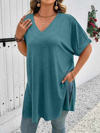 EMERY ROSE Plus Size Women Summer Casual V-Neck Short Sleeve T-Shirt