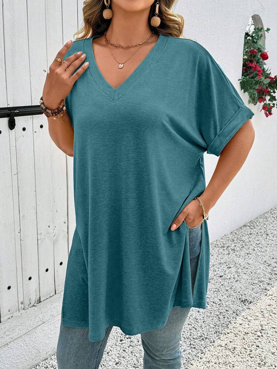 EMERY ROSE Plus Size Women Summer Casual V-Neck Short Sleeve T-Shirt - Green - View 1