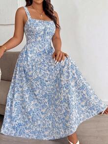 Easura Đầm maxi in họa tiết ngẫu nhiên đơn giản dành cho nữ cỡ lớn. - Màu xanh lam - Xem 6
