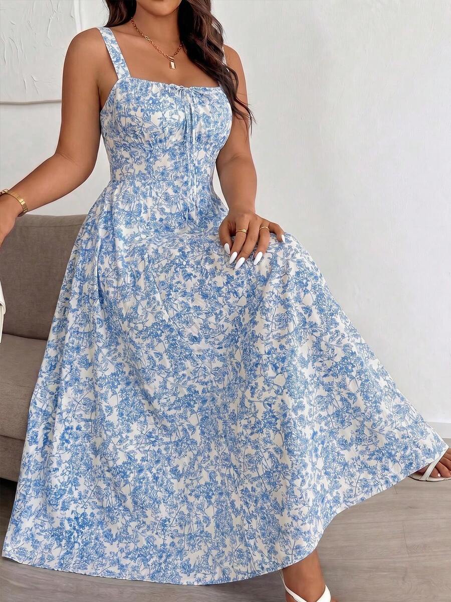 Easura Plus Size Women's Simple Daily Random Printed Dress Maxi Women Outfit - Blue - View 1