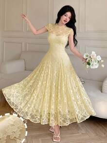 Modelyn Lace Waist Cinching A-Line Flowy Dress, Flattering For Spring/Summer Party Pale Yellow Elegent - Apricot - View 2