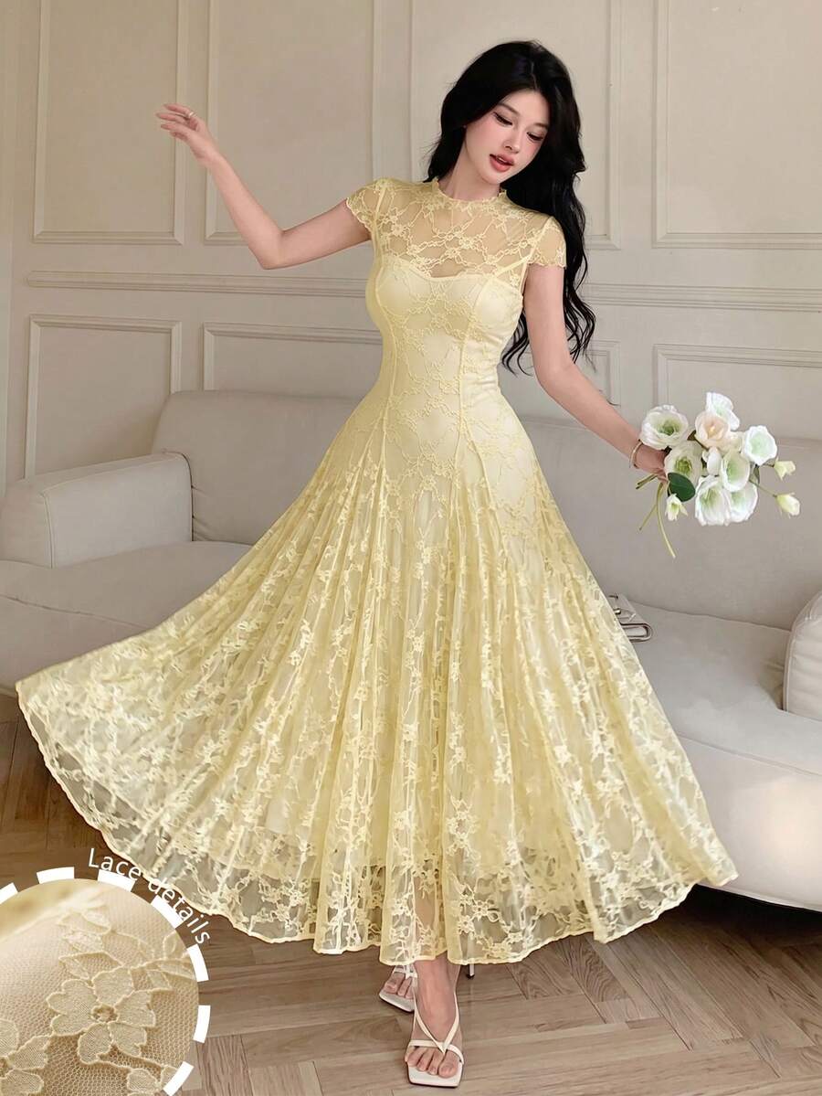 Modelyn Lace Waist Cinching A-Line Flowy Dress, Flattering For Spring/Summer Party Pale Yellow Elegent