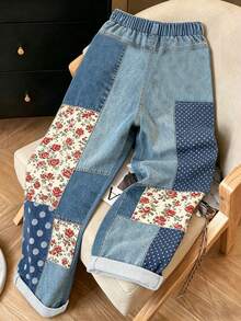 Resyla Women's Casual Floral Print Wide Leg Pants, Fashion Denim Effect Trousers, Stylish And Versatile For Spring/Autumn - Multicolor - View 2