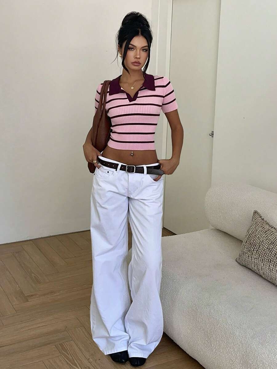 Aloruh 女士优雅粉色撞色条纹针织Polo衫，休闲通勤办公装