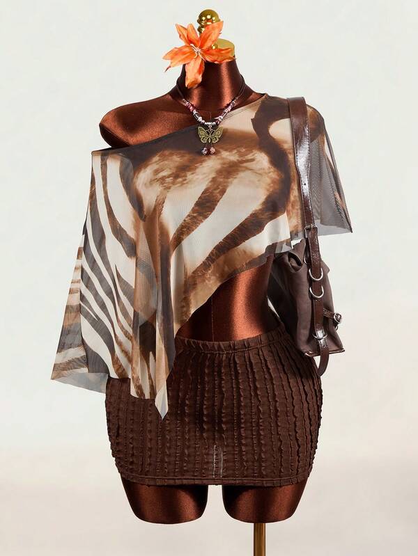 Mistrie Sexy Hot Girl Style Asymmetrical Shoulder Mesh T-Shirt, Sheer Thin Zebra Print Cropped Top For Women
