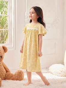 SHEIN Váy mùa hè dệt họa tiết hoa viền ren phong cách thường ngày cho bé gái - Màu vàng - Xem 6