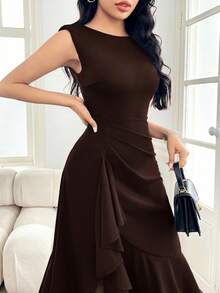 Modelyn Women's Solid Color Ruffle Hem Sleeveless Elegant Dress, Spring/Summer - Coffee Brown - View 3
