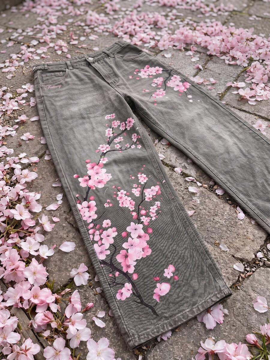 NORVETH Men's Floral Print Slant Pocket Casual Everyday Jeans - Black - View 1