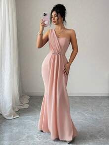 SHEIN Elenzya Đầm nữ thanh lịch, lãng mạn, tinh tế với cổ áo bất đối xứng, thắt eo, đuôi cá, đính ngọc trai, thích hợp cho các bữa tiệc và họp mặt. - Màu Hồng  San hô - Xem 7