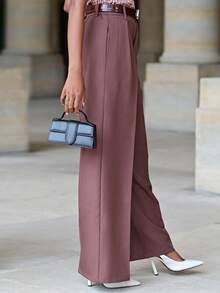 Mima John Maillard Wide Leg Elegant Modern High-Waisted Suit Pants, Vacation New Years - Rust Brown - View 5